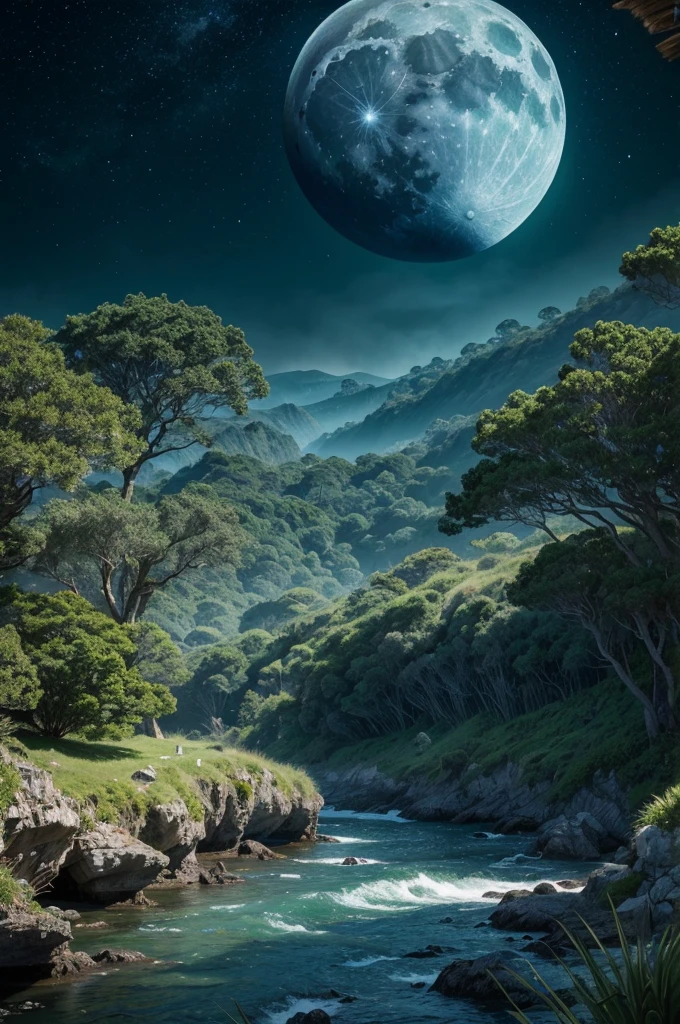 large moon, stunning moon, a lush eden, paradise overflowing with fauna, emerald dunes in the distance, raging winds, exotic features, remarkable landscape, stunning features, exaggerated tones, exaggerated proportions, a night sky clear of clouds, shimmering stars, luminous moonlight, shimmering sands of green, hyper detailed, vibrant colors, cinematic light, 8k, masterpiece, photorealistic, award winning, stunning landscape, intricate details, dramatic atmosphere, tones of green, shades of emerald, shades of blue, white streaks of moonlight, light dancing, whisps of color, a glistening white kingdom