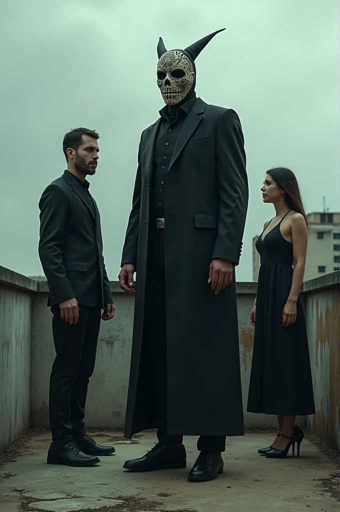 A Bóné masked Man with a boxer and black dress standing on an abandoned hospital roof