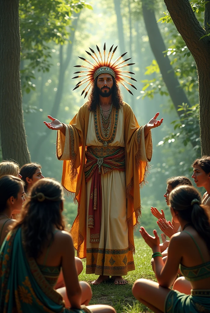 Jesus with an Indian headdress and indigenous clothing healing the sick of the soul in the middle of the forest 