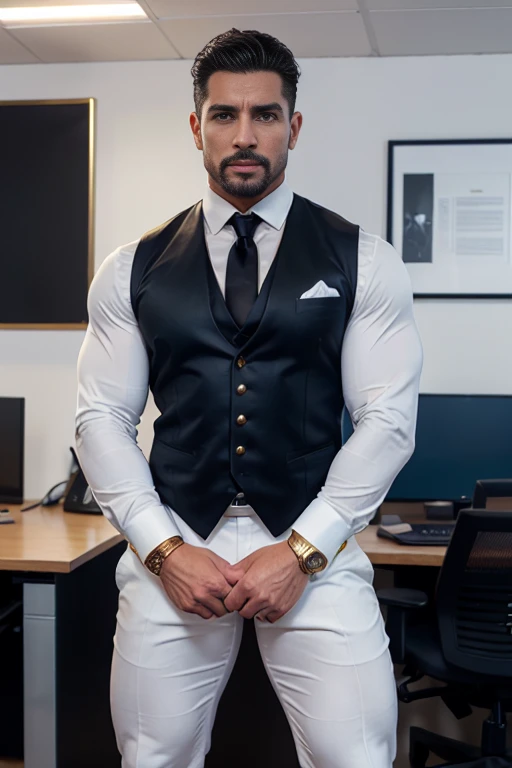 HD 4k wallpaper  handsome man alemán blanco rubio sajon muscular strong and muscular legs, physicist-culturist ,((( well-built))), big lump, in white pants, (((White shirt and black tie and Dark blue  hecked vest with gold trim))), well-built, eyes alpha, close up, perfect hands with leather gloves, With a goatee  
captivating eyes, perfect face, hyper realistic ultra realistic great detail, in the office, eyes,  40 años de edad , sumamente fuerte y muscled 
