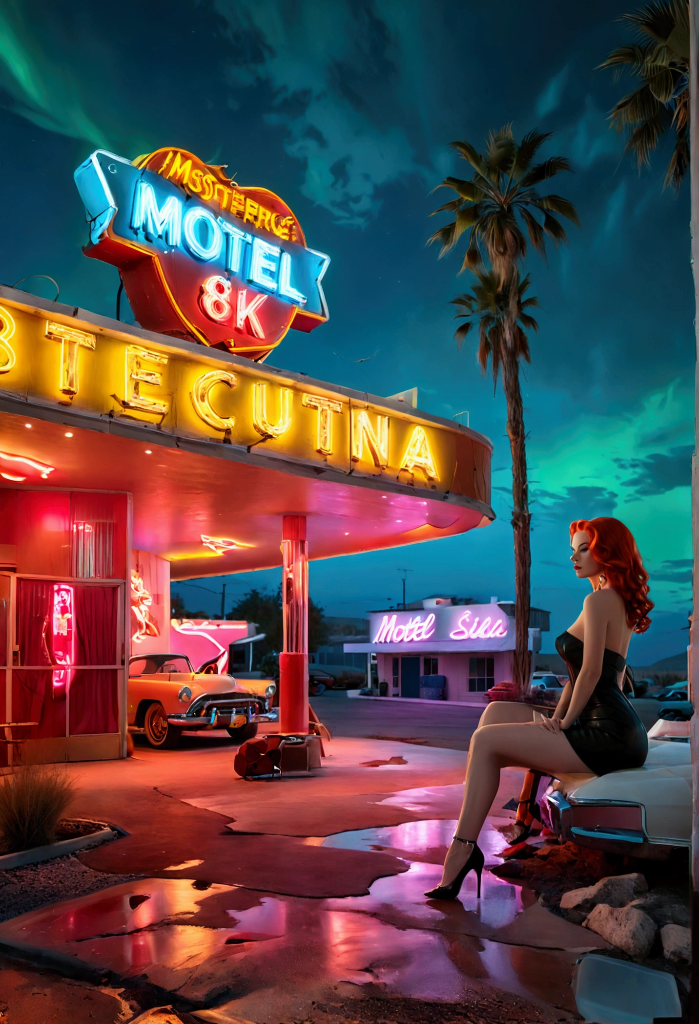 ((masterpiece, highest quality, Highest image quality, High resolution, photorealistic, Raw photo, 8K)), (full body shot:1) photorealistic image of a (sitting pose:1) ultrarealistic, photography, long red hair, woman, 24 years old, hourglass figure, perfect body, seductive look, natural medium breasts, view of a motel with a car parked in front of it, with neon signs, A woman waiting for a guest in front of a motel, seduction, short dress and high heels, route 6 6, neon signs, 1 9 5 0 s americana tourism, some have neon signs, neon lights outside, neon advertisements, gigantic neon signs, neon shops, by Arnie Swekel, few neon signs, neon signs in background,