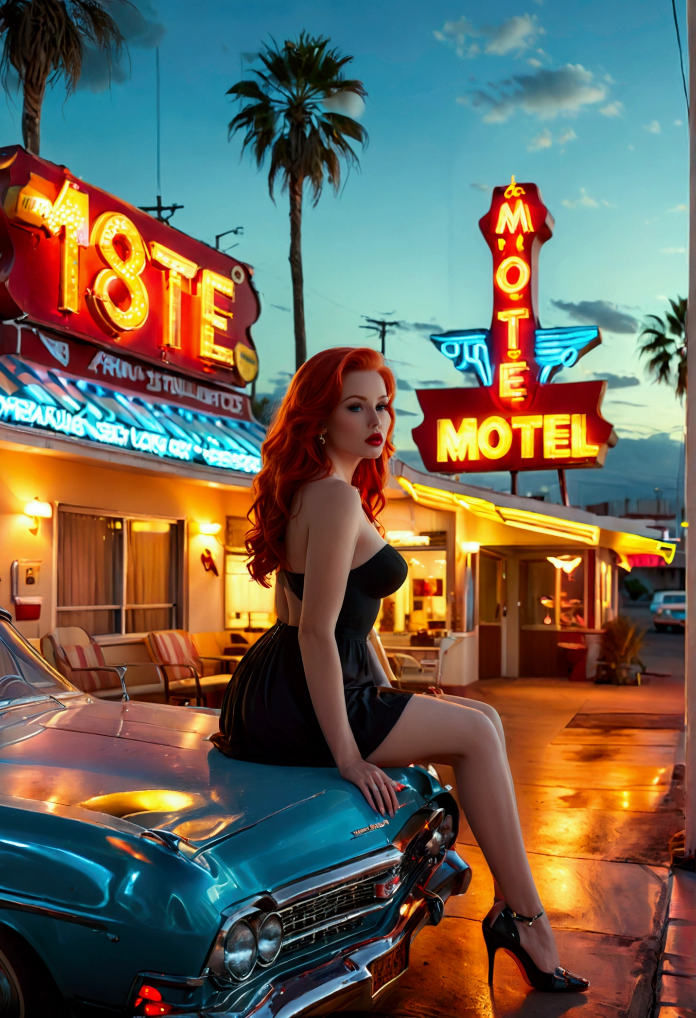 ((masterpiece, highest quality, Highest image quality, High resolution, photorealistic, Raw photo, 8K)), (full body shot:1) photorealistic image of a (sitting pose:1) ultrarealistic, photography, long red hair, woman, 24 years old, hourglass figure, perfect body, seductive look, natural medium breasts, view of a motel with a car parked in front of it, with neon signs, A woman waiting for a guest in front of a motel, seduction, short dress and high heels, route 6 6, neon signs, 1 9 5 0 s americana tourism, some have neon signs, neon lights outside, neon advertisements, gigantic neon signs, neon shops, by Arnie Swekel, few neon signs, neon signs in background,