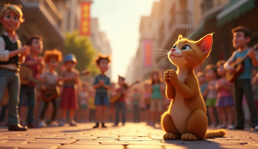  "Create a scene where the cat watches street performers like musicians and dancers. The performers are lively and entertaining, and the cat claps along with the crowd."
3d animated disney inspired
