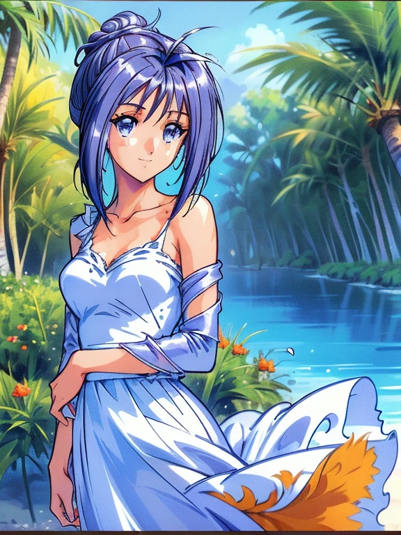 ((masterpiece)),((Ayako Katagiri)),((Katagiri Ayako)),((A happy smile)),Anatomically perfect fingers,(((Tropical))),(((Cafe Terrace))),(((White dress))),(((No sleeve)))