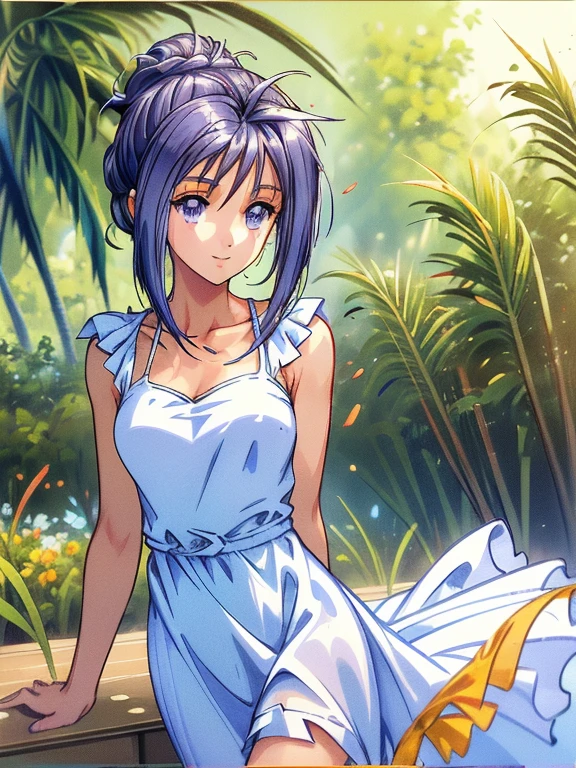 ((masterpiece)),((Ayako Katagiri)),((Katagiri Ayako)),((A happy smile)),Anatomically perfect fingers,(((Tropical))),(((Cafe Terrace))),(((White dress))),(((No sleeve)))