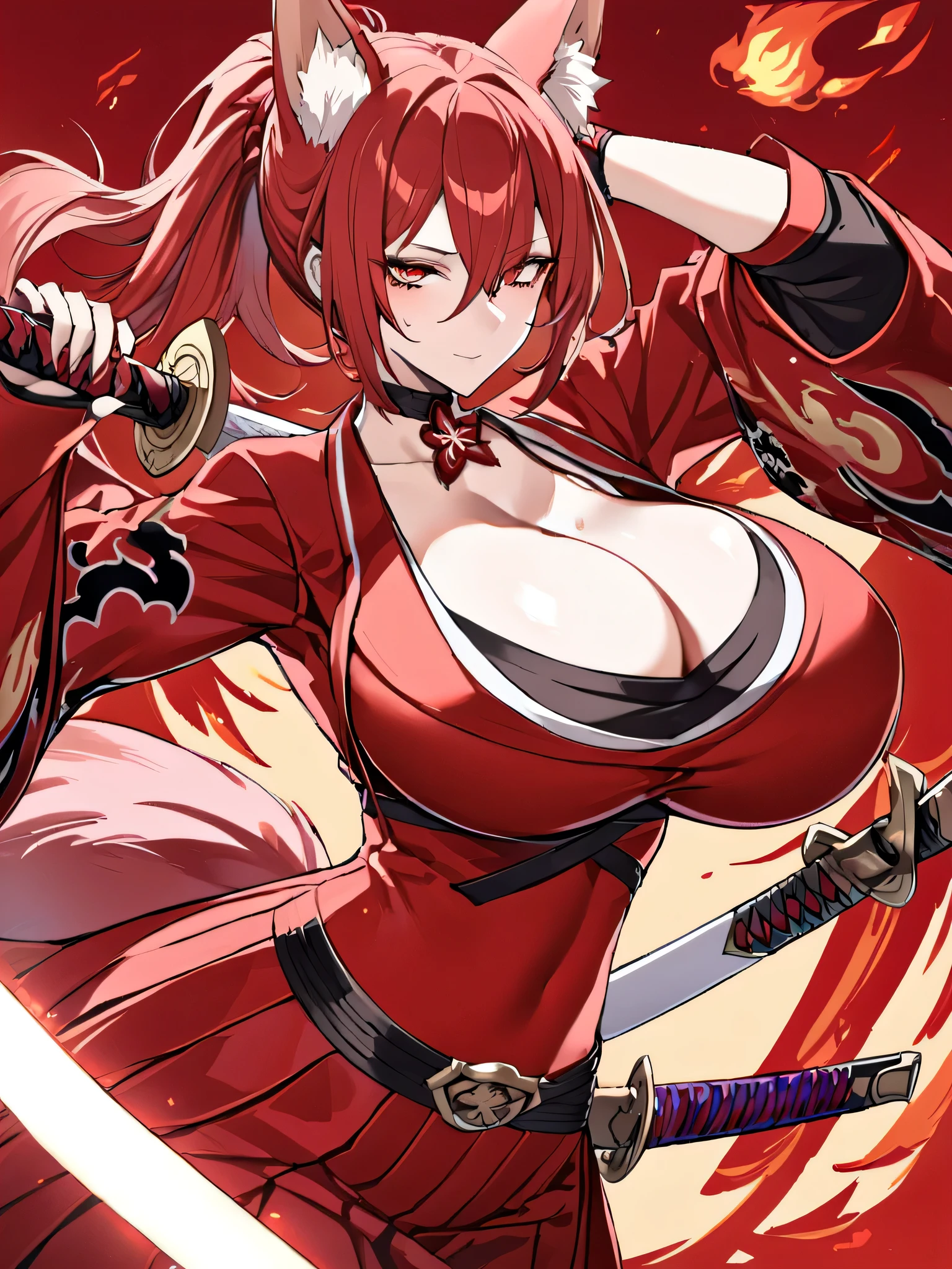  8K Best quality Best work Red long ponytail Red fox ears Nine fox tails Very large breasts Flaming Japanese sword Red jacket Long hakama Red eyeshadow on lower eyelids Red burning background Japanese style Samurai Flame hell Five fingers