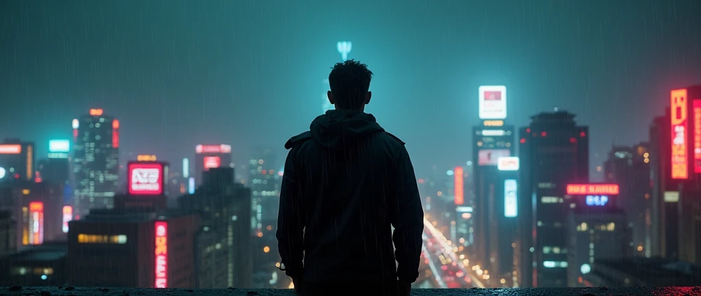 "Joe, the enigmatic protagonist of Blade Runner 2049, finds himself standing at the edge of a bustling metropolis. As he gazes into the neon-lit cityscape beneath a stormy, smog-filled sky, sadness, raining, gazing upwards. neon lights, close up, wet."