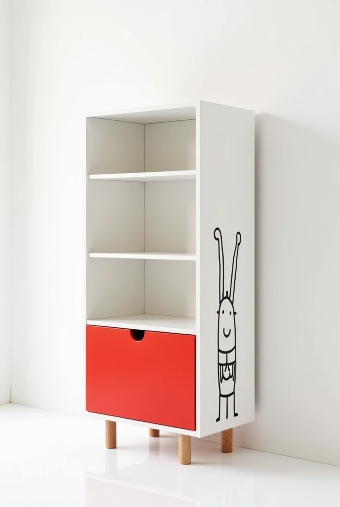 Generated 1 furniture including these massages
Scandinavian style tag
Suitable for younger kid
Children's storage cabinet
Background of picture is white
The part Side of cabinet is cover by bare cartoon
Add color red at front side
Same size but with additional storage shelves