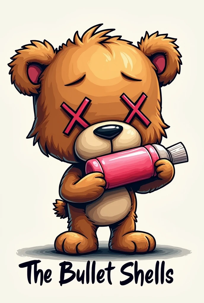I would like to create a design as if it were a logo for a clothing brand, It would be a drawing of a teddy bear standing up like a cartoon with the letter X on both eyes and its mouth sewn shut., holding a chewing gum, underneath it will be written The Bullet Shells. The drawing must be painted with vibrant colors.