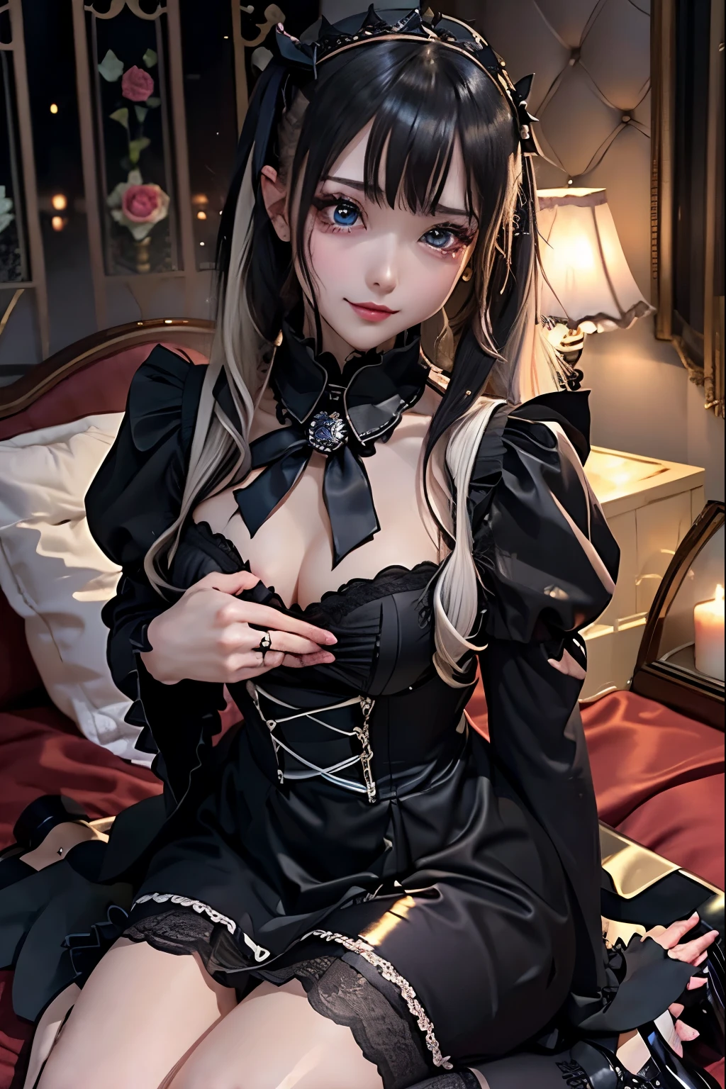 ハードなDark Gothicメイク、Black dark eyeshadow、sad、Good skin radiance、Dark Gothicメイク、Dark smile、palace、The beauty of fragrance、24-years-old、Expressions of intense sexual pleasure、Embarrassed look、Dark Gothic、Highest quality、Expression of sexual pleasure without pain、Drunk face、Purple maid outfit、mysterious、noble、Loving smile、Twin tail hair、Right eye is blue、Left eye is red、Super tempting pose、Platform heel shoes、Heavy makeup、Gothic ta Clothing、Silver Hair、Long Hair Straight Hair、Cute Gothic Loliress、Beautiful Face、Elegant face、Attractive face、Stained glassの背景、Chest glistening with sweat、The room is dark、goth long dress、Bell Sleeves、Wizard Sleeve、Decadent look、Sexually excited expression、Wet shiny thigh water、Thighs that are wet and shiny with oil、Background of a room full of roses、Sad look、Rose Maiden、The embroidery is pink、The dress has pink embroidery.、Thigh-high socks、Knee-high socks、Gentle expression、Dark black eyeshadow、Stained glassとバラの背景、Thighs are a little thin、Female Duo、Female couple、dark church background、Stained glass、Black metal world、Dark Castle、Dark Room、Slender body、gothic long dress、Victorian dress、Small breasts、With a glass of wine in your right hand、With a lantern in his left hand、The bed is covered with roses、Her thighs are shining with sweat、My body is wet and shiny、There is a lot of glitter on the thighs、I am sweating、My thighs are sticky with sweat.、My thighs are glistening with sweat、My whole body is sweaty and shiny、I sweated a lot.、My thighs are sweaty、My wet thighs are glistening with sweat.、There is a lot of sweat shining all over my body、Slender body、I rest my head on the pillow、Sleeping in bed、Beautiful legs、Outstretched legs、Lying in bed、Lying on your back in bed、On all fours、Knee Up、Kneel、Put your arms behind your back、Kneeling on the bed、Super beautiful straight hair、Straight hair to the ends、Straight Perm Hair、Show off your glamorous thighs、Sit on the bed、Ass on the bed、Sitting with legs wide apart、Thighs are a little glamorous、