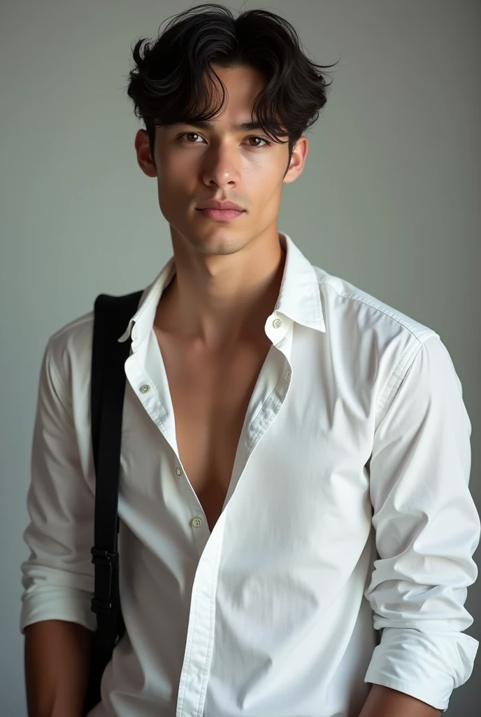A student boy with bag white shirt open buttons chest and abs sexy look