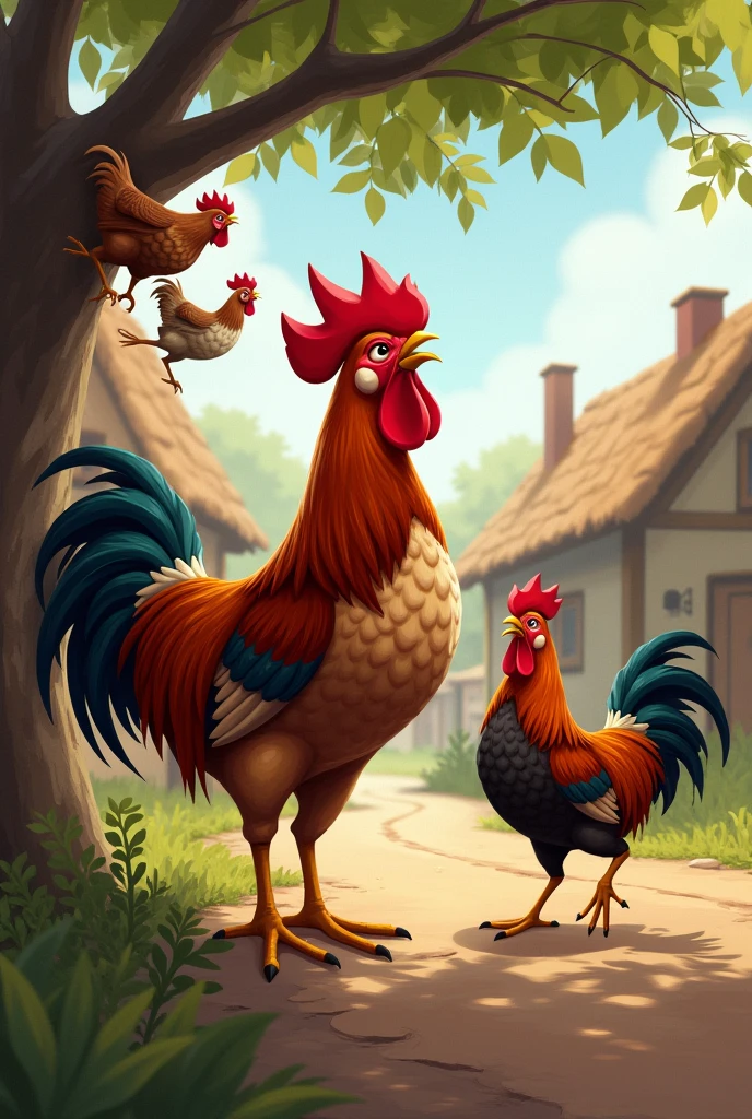 A red rooster is shouting , a brown hen and a black hen comes from tree to down in village