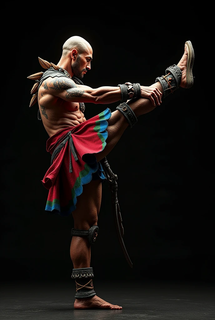 Pebrü Ancient Costa Rican warrior with Hwarang armor with the colors of the macaws without weapons is with a black background this one is doing a kick and less stocky, Now with the colors of the macaws and doing a higher side kick, the kick is now more masculine and aggressive without a helmet, the full kick doing the high side kick WITHOUT A HELMET, THE HIGHEST KICK
