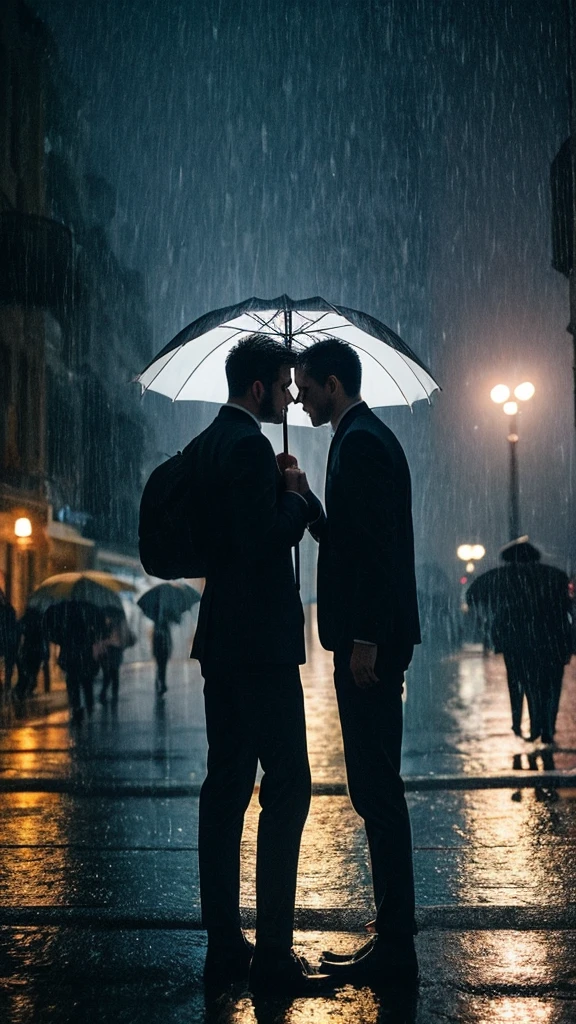 2 handsome men holding umbrella, looking at eachother, it's raining, evening sky, they have completed feeling for each other, there is sadness and hope in the air, half of their body visible 