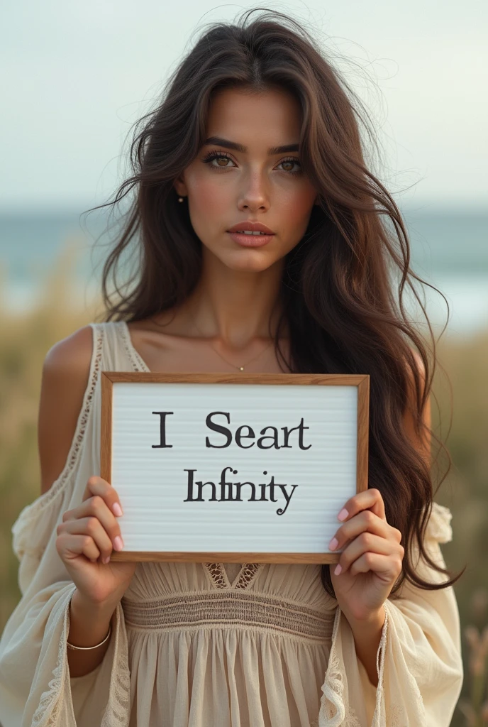 Beautiful girl with wavy long hair, bohemian dress, holding a white board with text "I Love Seaart Infinity" and showing it to the viewer