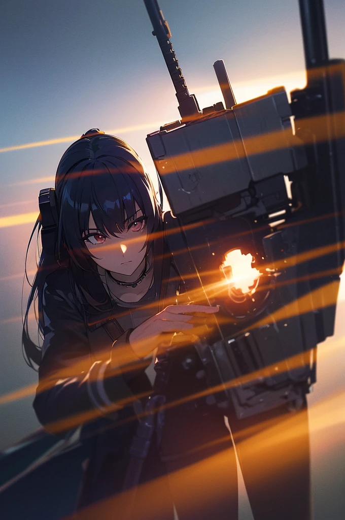 In the spotlight, holding_gun, assault_rifle, Very detailed,, Anime Style, whole body, alone, Stylish Gunfighter Girl, Holding a steampunk long barrel pistol,Standing in the wasteland, 8K high resolution, White Background, The background is a dark and desolate landscape, Horror movie atmosphere. Her figure is very beautiful, Emphasizing the dark and crazy elements. Skillfully expressing the effects of light and shadow, Anime girls with guns and rifles, from Girls' Frontline, mechanized soldier girl, Girls' Frontline style