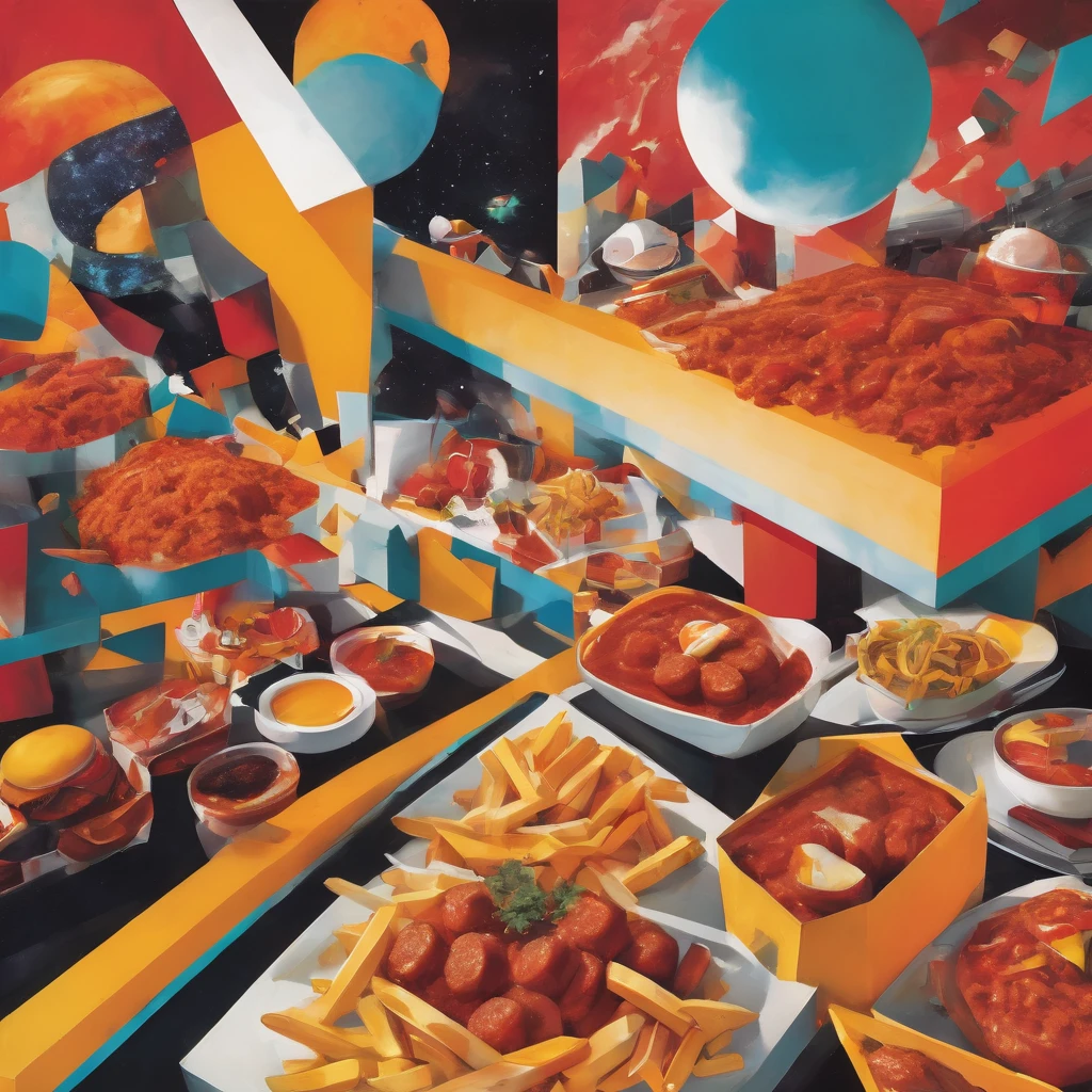 "Visualize an interpretation of a Currywurst. Break down the shape of the currywurst into geometric shapes and fragmented planes, To capture its movement and energy in a unique and abstract way. Incorporate bold colors and sharp angles, to convey a feeling of movement and tension. Play with perspective and layering, to create a multidimensional composition, which questions traditional notions of space and form. Be inspired by the avant-garde spirit of surreal realism and see nature in a fresh and innovative light.. Unleash your creativity, as you bring this imaginative scene to life on the screen