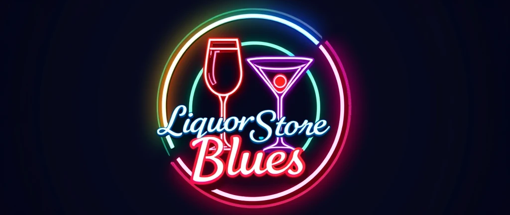 Circular logo with a wine glass and a martini glass in the center, the name of Liquor Store Blues around it in cursive, all this with green colors, red, purple, naranja y red estilo neon