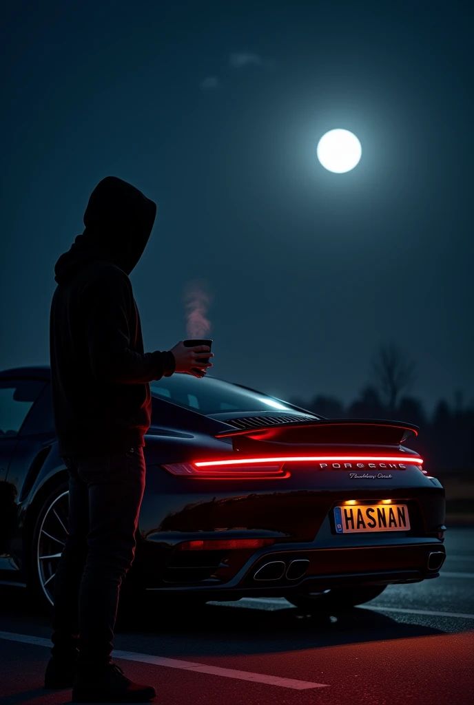 Blavk Porsche 911 Turbo S parked against a dark night sky. With the HASNAN on the number plate .The moon shines brightly in the background, casting a silvery glow. The sleek rear of the Porsche is illuminated by the moonlight, revealing its distinct curves and aggressive design. In the foreground, a person in a black hoodie stands, holding a steaming cup of coffee. The contrast between the dark hoodie and the gleaming Porsche creates a striking visual effect. The scene feels serene and contemplative, with the moon adding a touch of magic to the moment.