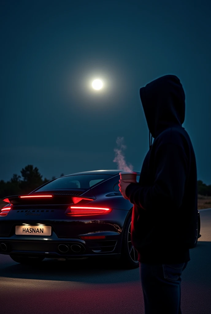 Blavk Porsche 911 Turbo S parked against a dark night sky. With the HASNAN on the number plate .The moon shines brightly in the background, casting a silvery glow. The sleek rear of the Porsche is illuminated by the moonlight, revealing its distinct curves and aggressive design. In the foreground, a person in a black hoodie stands, holding a steaming cup of coffee. The contrast between the dark hoodie and the gleaming Porsche creates a striking visual effect. The scene feels serene and contemplative, with the moon adding a touch of magic to the moment.