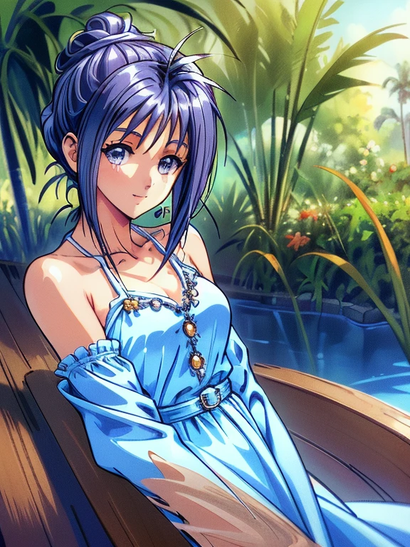 ((masterpiece)),((Ayako Katagiri)),((Katagiri Ayako)),((Mischievous Smile)),Anatomically perfect fingers,(((Tropical))),(((Cafe Terrace))),(((White dress))),(((No sleeve)))