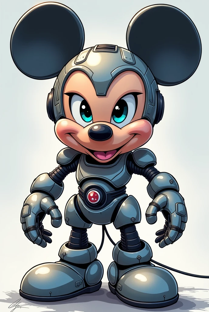 "Dessinez une illustration inspirée de l(art de star wars, représentant une version robotique de Mickey Mouse de style chibi. Le robot Mickey Mouse doit avoir un design futuriste , avec des lignes élégantes et des détails métalliques brillants. Votre visage doit conserver les traits classiques de Mickey, mais avec une esthétique plus technologique, y compris brillant, yeux expressifs et oreilles emblématiques. Votre corps doit être distinctif avec des articulations visibles et une aura de sophistication robotique. Assurez-vous de capturer l(essence de Mickey tout en incorporant Hajime Star wars; son style distinctif, créant une fusion unique entre le classique et le futuriste."