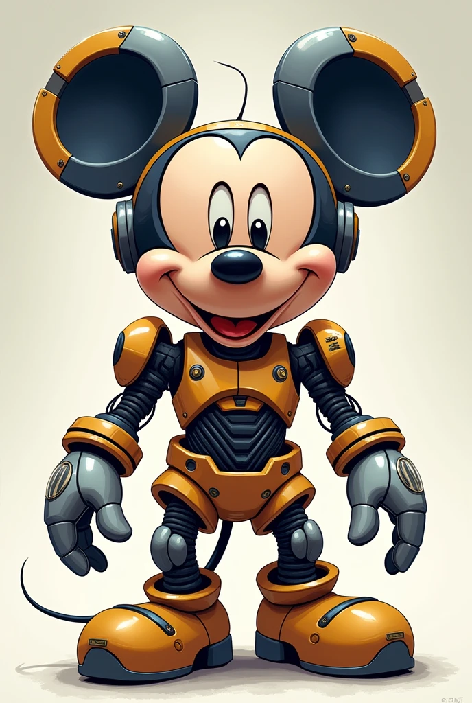 "Dessinez une illustration inspirée de l&#40;art de star wars, représentant une version robotique de Mickey Mouse de style chibi. Le robot Mickey Mouse doit avoir un design futuriste , avec des lignes élégantes et des détails métalliques brillants. Votre visage doit conserver les traits classiques de Mickey, mais avec une esthétique plus technologique, y compris brillant, yeux expressifs et oreilles emblématiques. Votre corps doit être distinctif avec des articulations visibles et une aura de sophistication robotique. Assurez-vous de capturer l&#40;essence de Mickey tout en incorporant Hajime Star wars; son style distinctif, créant une fusion unique entre le classique et le futuriste."