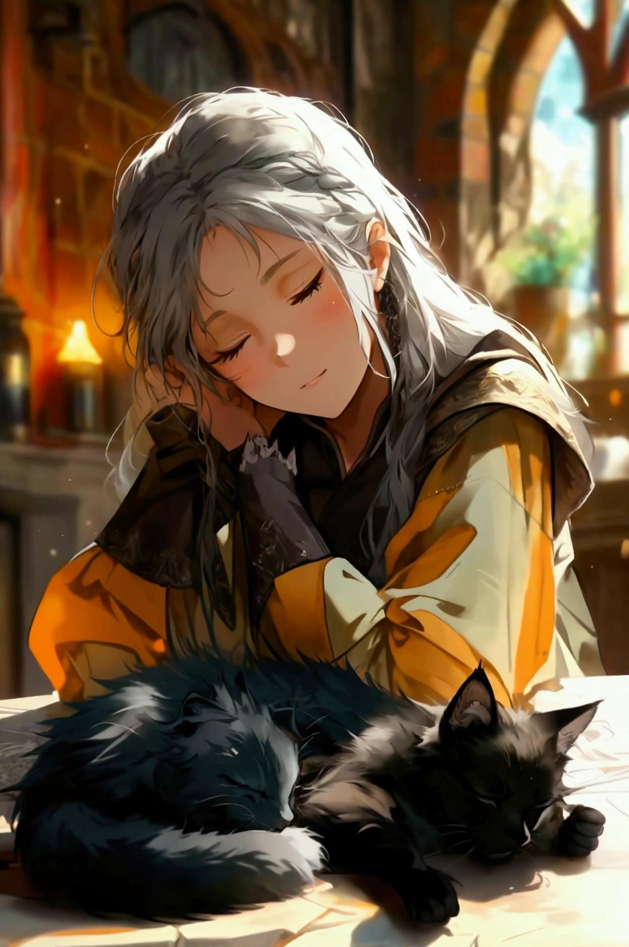 An adventurer sleeps in a medieval tavern. The adventurer is a young girl wearing a millet-colored robe. She has long gray hair. A black cat is sleeping on the table. The black cat is sleeping close to the girl.