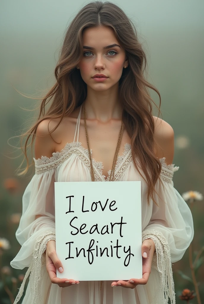 Beautiful girl with wavy long hair, bohemian dress, holding a white board with text "I Love Seaart Infinity" and showing it to the viewer