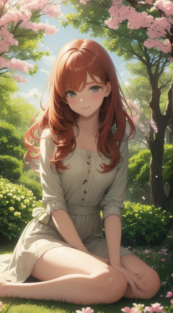 (best quality, highres, realistic),cute redhead girl with blushing face,kneeling in a blooming garden,adorable, lovely, charming,loving, peaceful atmosphere,soft sunlight filtering throught the trees,gentle breeze,tender blossoms,to create an enchanting scene.[illustration]