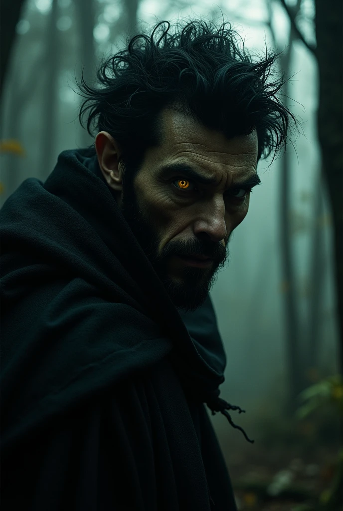 naughty man, black wild hair, bright yellow look, that stands out in the darkness of the forest, with a muscular and strong body, wearing a black cape, with chewed and square jaws, half body picture. he is partially surrounded by darkness
