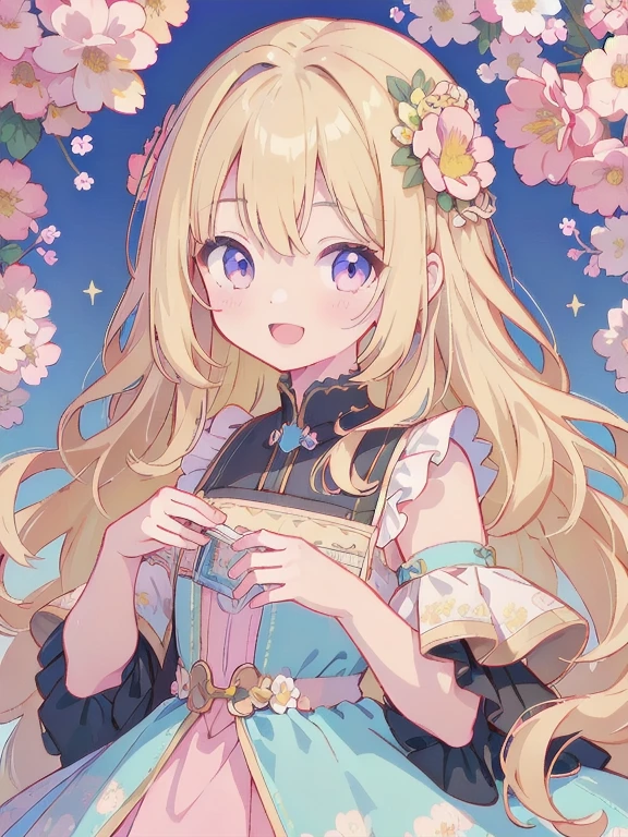 Highest quality、masterpiece、Detailed illustrations、Detailed face and eye depiction、Eye highlights、A young girl around 12 years old、Long wavy blonde hair、A big smile、Floral Dress、Hands folded in front of chest、Colorful flowers are blooming around the girl.