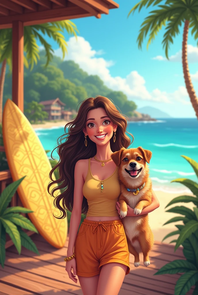WomanWavy hair,Brunetette, cachorro according to that no rosto,happy,insula,House, pineapple wooden deck, prancha surf, black hair,according to that, brown mutt dog, alegria cartoon