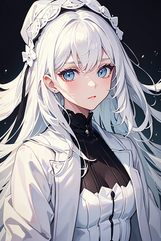 1 girl with white hair, white clothes with black details, bright skin, very detailed