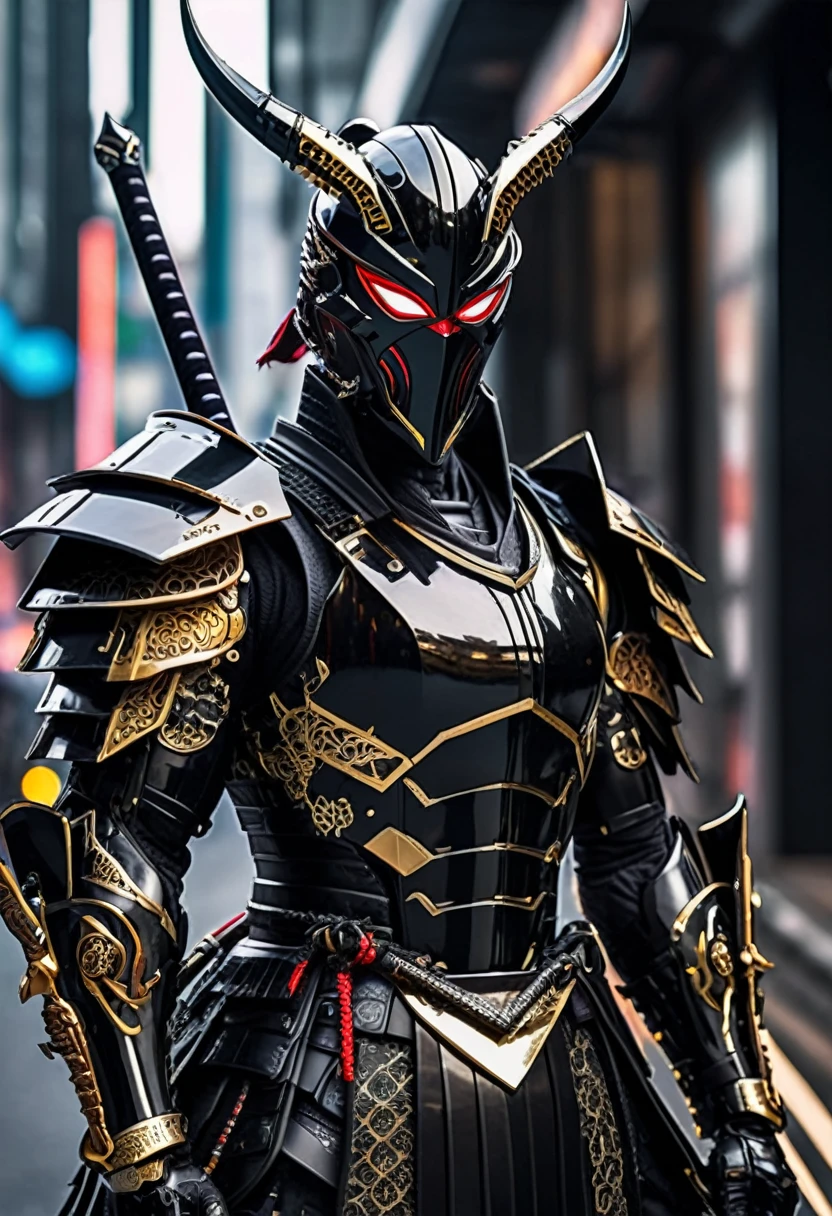 araffe dressed in a black suit holding a sword and a sword, cyborg samurai, cyber japan samurai armor, cyberpunk samurai, very beautiful cyberpunk samurai, full samurai armor spiderman, bio - mechanical ninja samurai, portrait of a cyberpunk samurai, cyber japan style armor, cyber japan armor, celtic and cyberpunk armor, black bull samurai, intricate assasin mecha armor