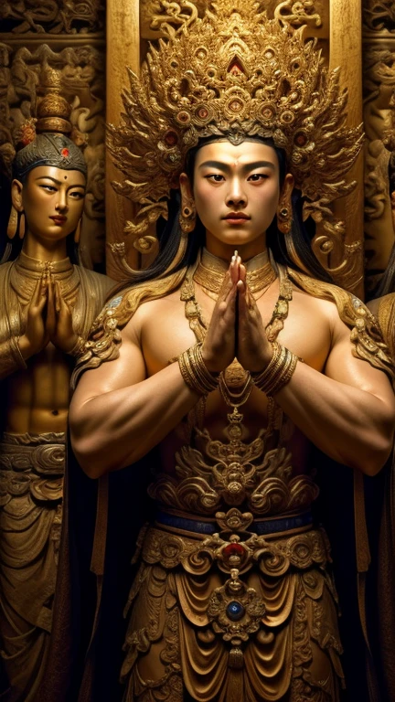 masterpiece,Best quality at best,UHD,8k wallpaper,actual,masterious,(realisticlying:1.4),1 Giant men,full bodyesbian, a housand Hands god, Guan yin style , Multiple hands holding some holly chinese weapons, he is in an ancient style temple , fantastic dunhuang outfits, olot of jewelry detail, holly lighting ,, beautiful korean face with compassion
