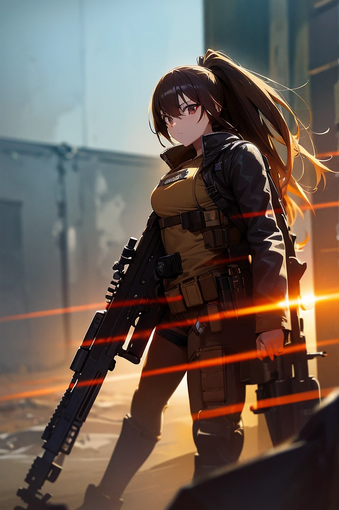In the spotlight, holding_gun, assault_rifle, Very detailed, Brown Hair, Long Hair, Anime Style, whole body, alone, Stylish Gunfighter Girl, Holding a steampunk long barrel pistol,Standing in the wasteland, 8K high resolution, White Background, The background is a dark and desolate landscape, Horror movie atmosphere. Her figure is very beautiful, Emphasizing the dark and crazy elements. Skillfully expressing the effects of light and shadow, Anime girls with guns and rifles, from Girls&#39; Frontline, mechanized soldier girl, Girls&#39; Frontline style