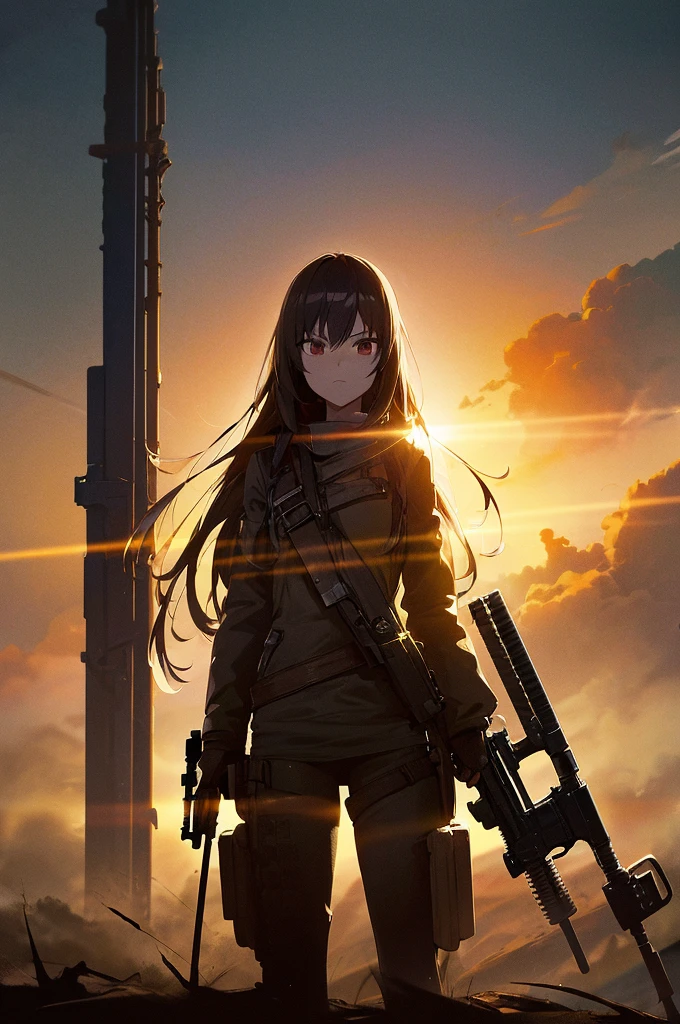 In the spotlight, holding_gun, assault_rifle, Very detailed, Brown Hair, Long Hair, Anime Style, whole body, alone, Stylish Gunfighter Girl, Holding a steampunk long barrel pistol,Standing in the wasteland, 8K high resolution, White Background, The background is a dark and desolate landscape, Horror movie atmosphere. Her figure is very beautiful, Emphasizing the dark and crazy elements. Skillfully expressing the effects of light and shadow, Anime girls with guns and rifles, from Girls&#39; Frontline, mechanized soldier girl, Girls&#39; Frontline style