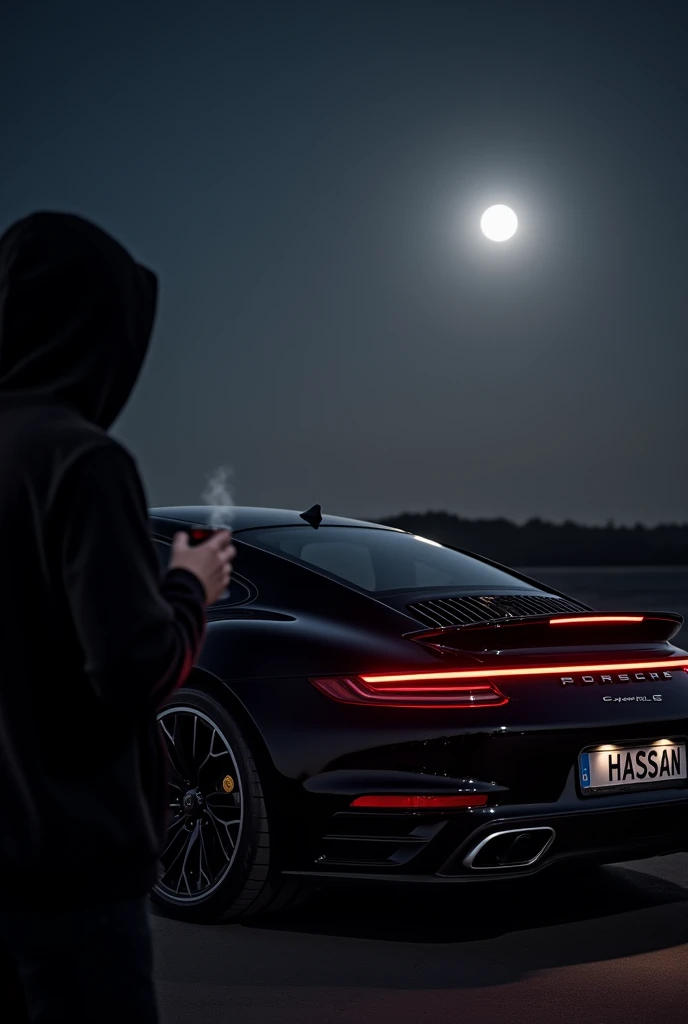 Black Porsche 911 Turbo S parked against a dark night sky. With HASNAN on the number plate . The moon shines brightly in the background, casting a silvery glow. The sleek rear of the Porsche is illuminated by the moonlight, revealing its distinct curves and aggressive design. In the foreground, a person in a black hoodie stands, holding a steaming cup of coffee. The contrast between the dark hoodie and the gleaming Porsche creates a striking visual effect. The scene feels serene and contemplative, with the moon adding a touch of magic to the moment.
