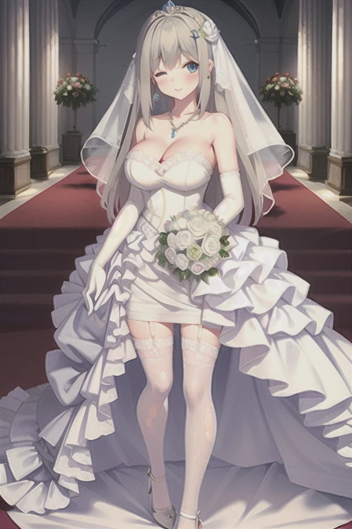 Girl with huge breasts wearing a wedding dress with a huge neckline ,with veil and bouquet at the altar