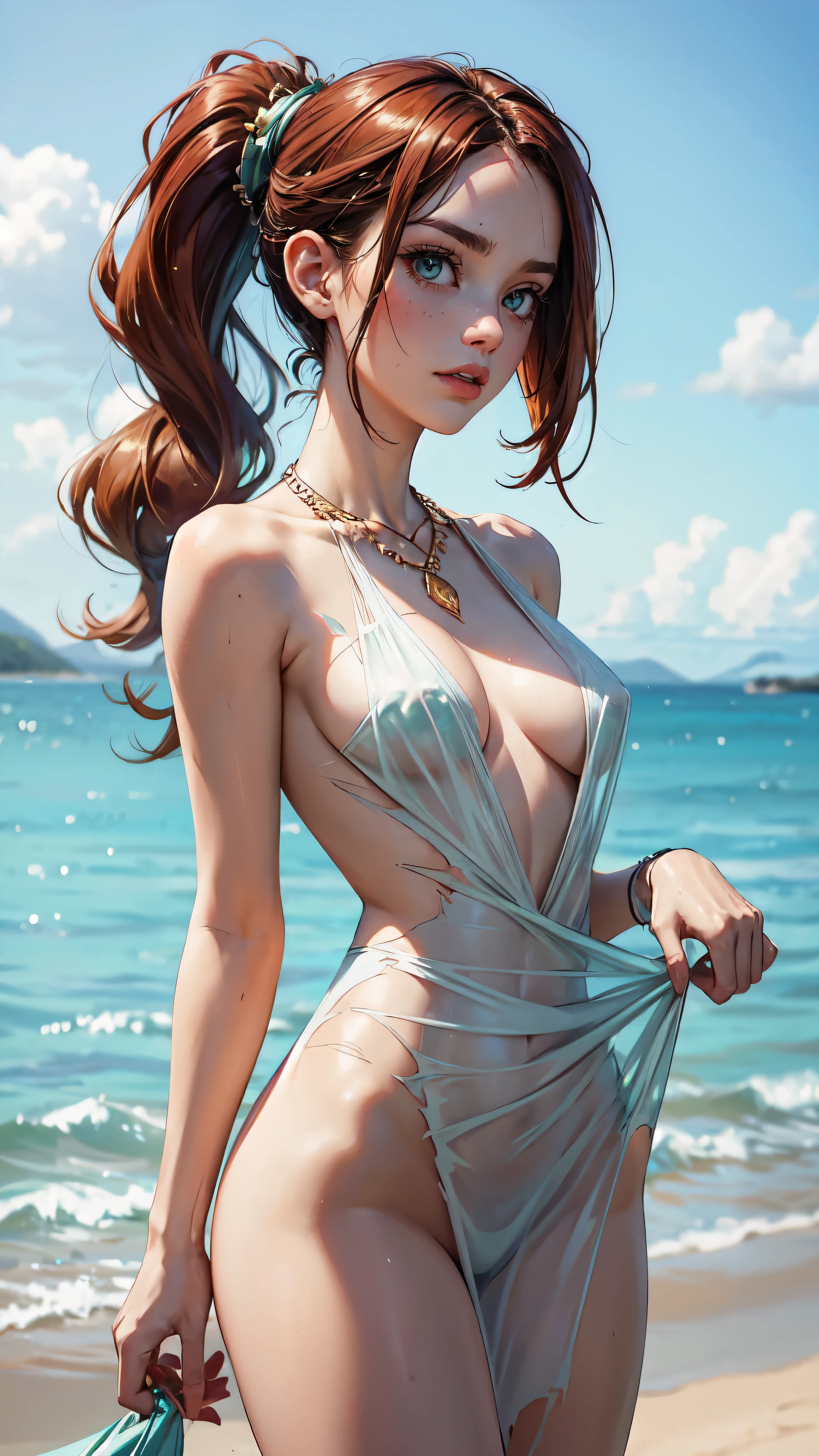 cor plana, maquiagem, mascara, The lips are soft or colorful, fundo preto simples, minimalismo, monotone, paletas de cores simples, limpo, Projetos afiados, silhuetas fluidas, small bikini, vestidos simples, assymetrical, geometric, Materiais e designs elegantes e luxuosos, simples, Minimal accessories, Necklaces and thin rings in silver or gold, Pulseiras simples, Designs diferenciados, silhuetas simples, estilo simples e sofisticado, elegence, minimalismo, materiais de alta qualidade, Fresh and urban printing, alta moda, Simplicity and sophistication, shiny skin, green eyes, large breasts, (long red ponytail), freckles, miss fortune, mary jane watson, ahegao,middle part hair, (green eyes) (((see through dress))), big breasts, art style of j cott campbell, (((torn clothes, clothing damage, almost naked))) arms over head,detailed eyes, detailed hands, detailed eyes, elf woman, flowers, wet hair