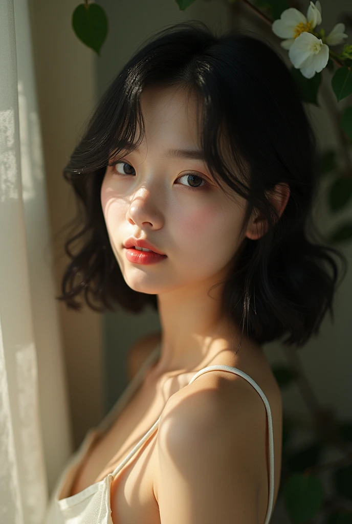 (Model shooting style), (shy), 1 girl, Lonely, Shiny black hair、 Extremely rich facial detail, Beautiful Eyes, [Chubby], cute, Slightly red cheeks，bright, Lonely Eyes, Stunning beauty, (Rembrandt Lighting), ARRI Lenses, Surreal, (Skin with attention to detail:1.2),4K,ARRI ALEXA LF,White Promist, Dramatic Rim Light, high quality,Very delicate and beautiful, wonderful, In detail, masterpiece, Very detailed, High resolution,Best Shot, Best Shadow,Complex,Sharp focus, high quality, 1 Japan woman, alone.cute,Fuka Koshiba,Yuki Sakurai, botanical garden, Woman looking at flowers, Flowers are blooming everywhere, Lens flare,No sleeve,Beautiful breasts,Swallowtail butterfly,A butterfly flutters,Cool eyes,Glossy Lips,smile,Glowing Skin,Transparent skin,From above,Open your arms,Waistline,Beautiful nipples