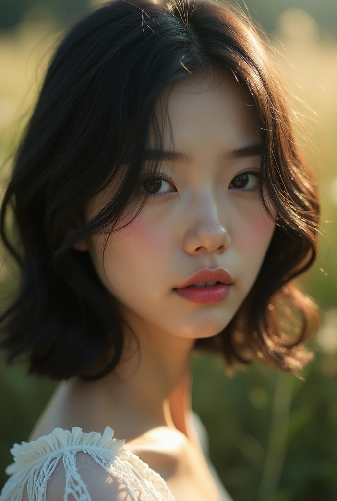 (Model shooting style), (shy), 1 girl, Lonely, Shiny black hair、 Extremely rich facial detail, Beautiful Eyes, [Chubby], cute, Slightly red cheeks，bright, Lonely Eyes, Stunning beauty, (Rembrandt Lighting), ARRI Lenses, Surreal, (Skin with attention to detail:1.2),4K,ARRI ALEXA LF,White Promist, Dramatic Rim Light, high quality,Very delicate and beautiful, wonderful, In detail, masterpiece, Very detailed, High resolution,Best Shot, Best Shadow,Complex,Sharp focus, high quality, 1 Japan woman, alone.cute,Fuka Koshiba,Yuki Sakurai, botanical garden, Woman looking at flowers, Flowers are blooming everywhere, Lens flare,No sleeve,Beautiful breasts,Swallowtail butterfly,A butterfly flutters,Cool eyes,Glossy Lips,smile,Glowing Skin,Transparent skin,From above,Open your arms,Waistline,Beautiful nipples