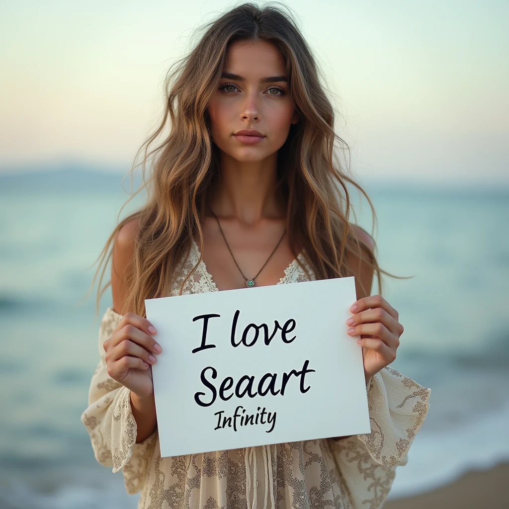 Beautiful girl with wavy long hair, bohemian dress, holding a white board with text "I Love Seaart Infinity" and showing it to the viewer