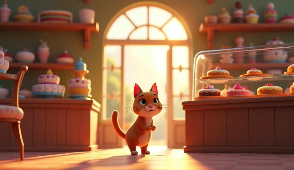 "Illustrate the cat entering a charming bakery with a display of colorful pastries and cakes. The bakery has a warm, inviting atmosphere with delicious aromas wafting through."
3d animated disney inspired