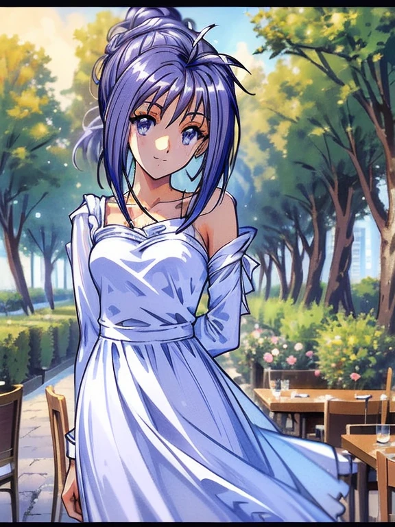 ((masterpiece)),((Ayako Katagiri)),((Katagiri Ayako)),((Mischievous Smile)),Anatomically perfect fingers,(((Paris))),(((Cafe Terrace))),(((White dress))),(((No sleeve)))