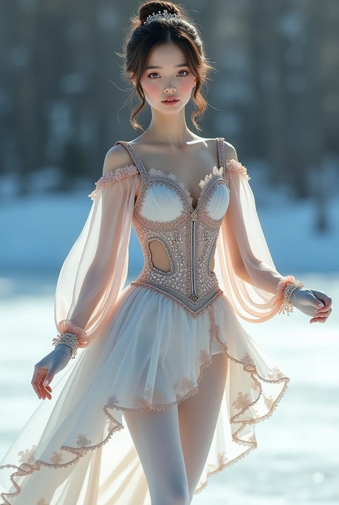 make a figure skating costume that is modest . my vision is an asymmetric costume with an open back , long translucent and loose sleeves to give off a more soft look when gliding on ice , a sweetheart corset with a grey-ish blue to dusky pink fade embedded with tiny jewels and a ribbon on the upper chest that ties the string connecting the sleeves to main costume . the skirt is a loose skirt with a small one layer cut on the right thigh showing the inner layers of the skirt , the ruffles are shaped like flower petals and the color fades from dusky pink to white and grey-ish blue accents to give off a 'fading away' look . white tights with subtle floral patterns and a grey-ish blue ribbon tied on the left upper thigh . there's also grey-ish blue translucent bridal gloves that are embedded with rose gold gemstones . the girl's features are soft doll like round eyes with dark olive green irises. heavy eyelids and natural aegyosal. her hair is a dark honey brown color and full bangs until her eyebrows it is put in a bun with a simple accesory. she's tall and slim with a slender hourglass body, short torso with long and slim legs with slender arms and flat stomach. delicate porcelain colored skin with light freckles. she has a mole on her bottom right eye and lighr freckles scattered across her nose and cheeks. she also has dimples. the tights are full and she is NOT wearing a bodysuit. the skirt is slightly short.