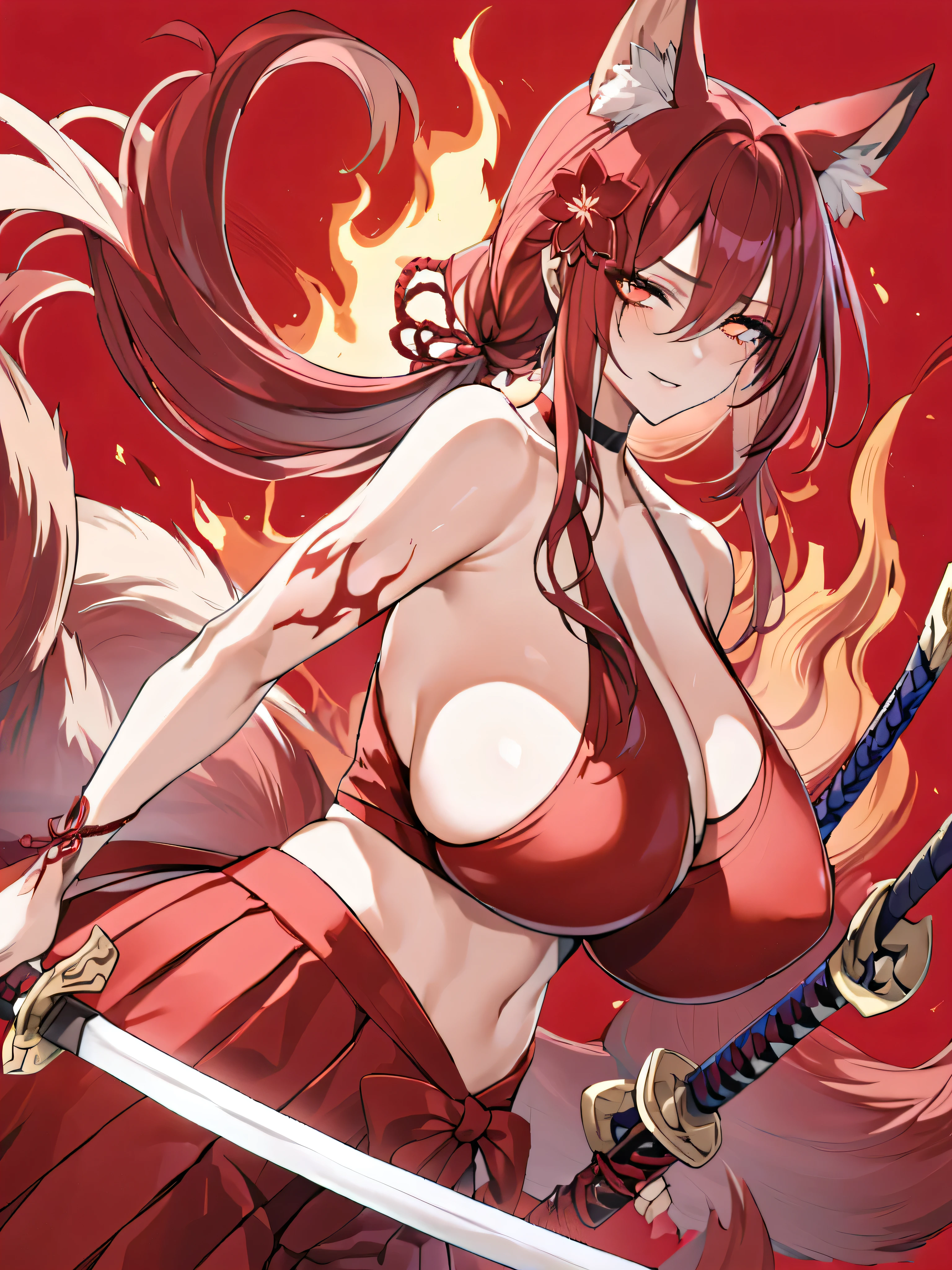  8K Best quality Best work Red long ponytail Red fox ears Nine fox tails Very large breasts Flaming Japanese sword Red jacket Long hakama Red eyeshadow on lower eyelids Red burning background Japanese style Samurai Flame hell Five fingers