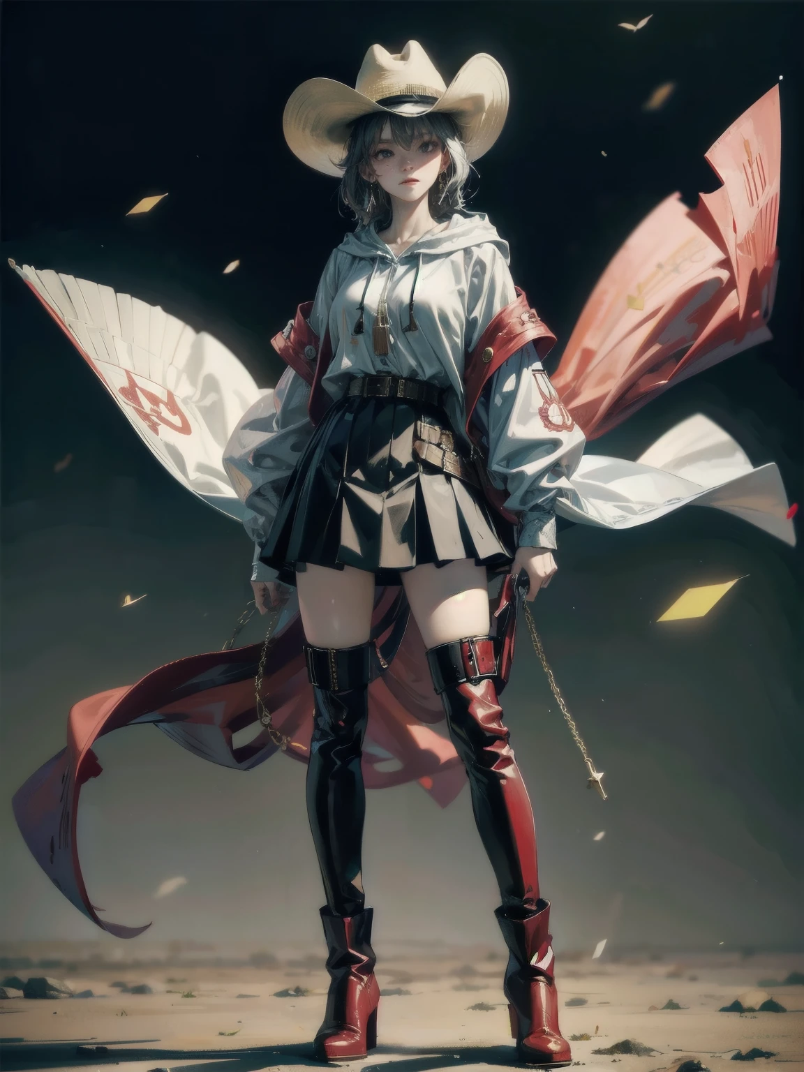 Cool Cowgirl, Cowboy hat, blouse, Decorated hooded armor jacket, Cross Belt, mini skirt, Red leather long boots, Absurd, RAW Photos, Very delicate and beautiful, masterpiece, Highest quality, Ultra-high resolution, 32K, Surreal, Very detailed, Detailed Description, Pale skin, 20-year-old, Tearful mole, Earrings, Short Medium Hair, Wavy Hair, Full Body Shot,