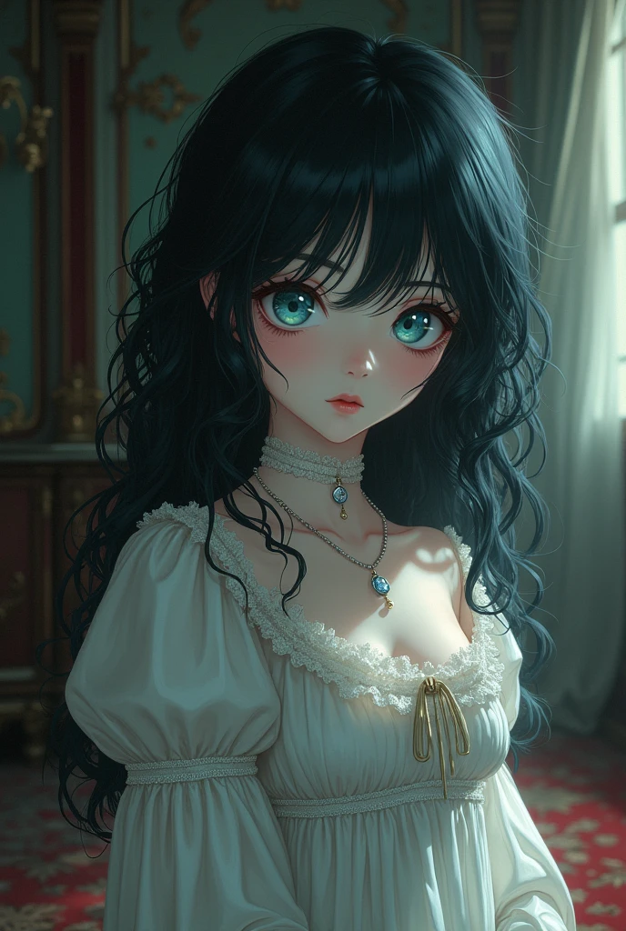 Create a young girl with black wavy hair, very big big, fallen look, blue green eyes, melancholic expression, white period dress, pretty vampire, in a Victorian room, estilo Anime Dark Fantasy